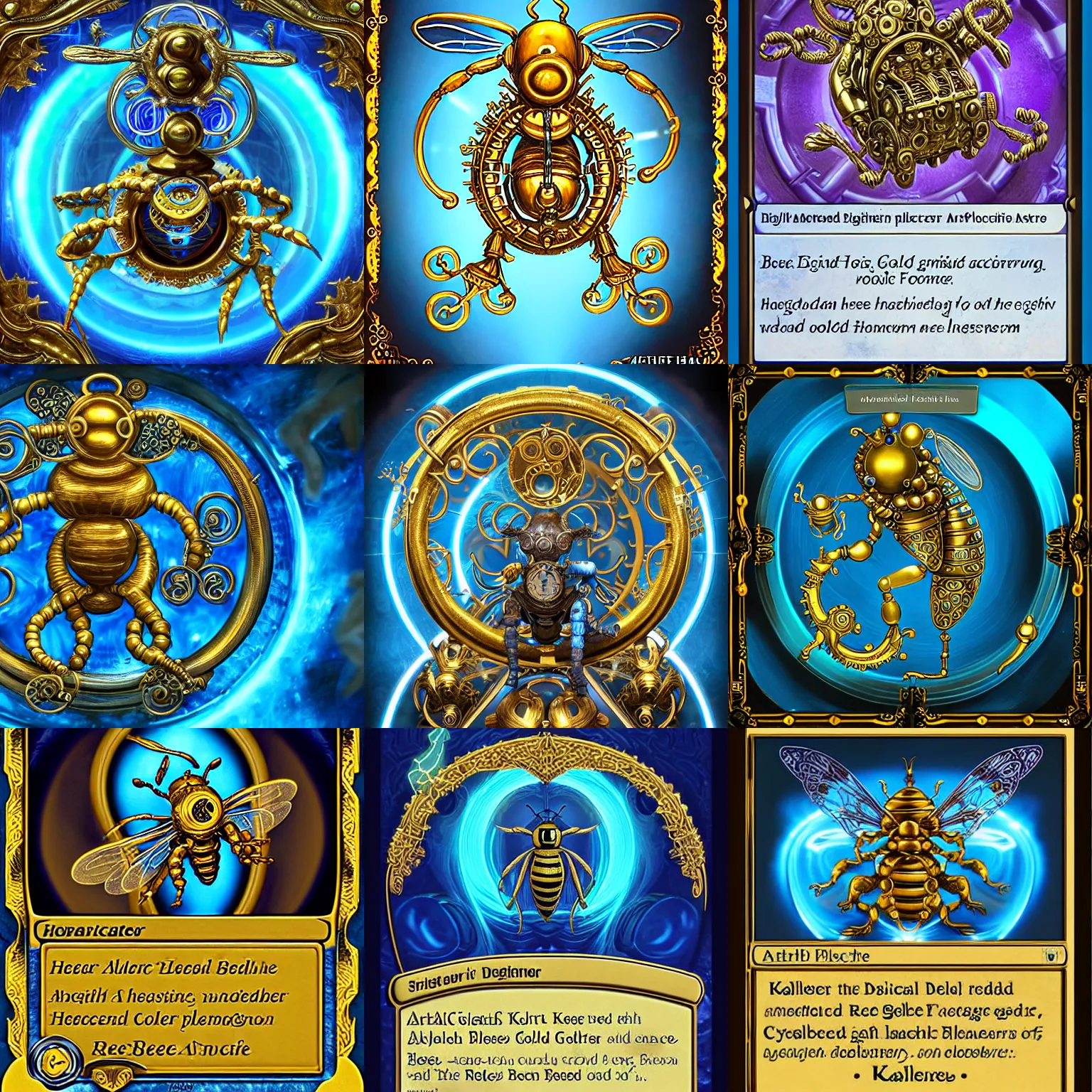 Prompt: Kaladesh digital art. Artificer activating an aether-powered, gold bee/rat mechanical homunculus invention. Decorative flourish metalwork, heavy-gauge filigree, cogs, blown glass, glowing cyan blue plasma.