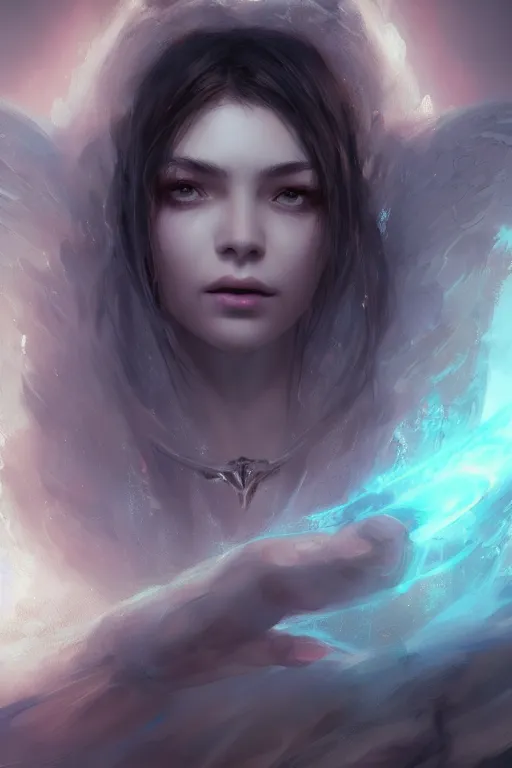 Image similar to face closeup beautiful girl necromancer casting magic spell, angel, 3 d render, hyper realistic detailed portrait, magic storm, thunder, ruan jia, wlop. scifi, fantasy, magic the gathering, hyper detailed, octane render, concept art, peter mohrbacher