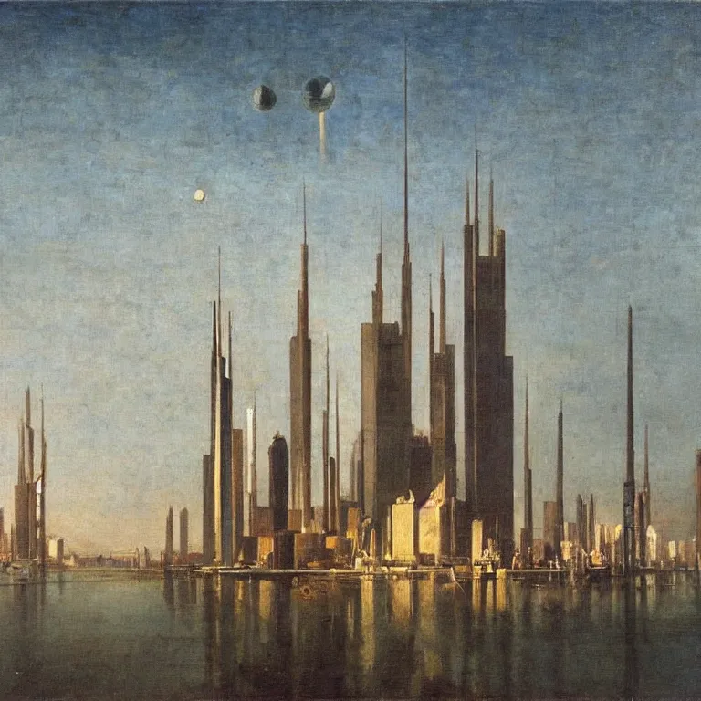 Image similar to a science fiction city harbour, painted by bierstadt and giorgio de chirico, tall buildings