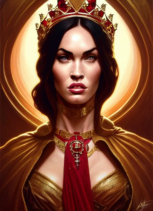 Image similar to portrait of megan fox as a queen, throne, jewelry, greek, ruby, intricate, headshot, highly detailed, digital painting, artstation, concept art, sharp focus, cinematic lighting, illustration, art by artgerm and greg rutkowski, alphonse mucha, cgsociety