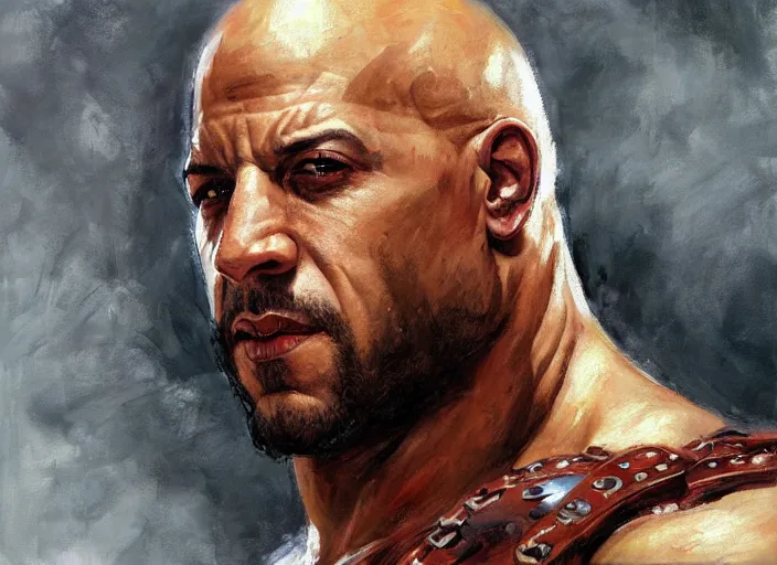 Image similar to a highly detailed beautiful portrait of vin diesel as kratos, by gregory manchess, james gurney, james jean