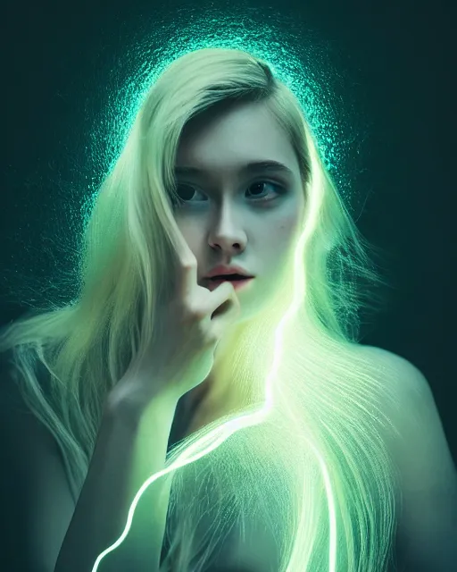 Image similar to luminescent long exposure light painting beauteous practical sumptuous full frame photo realistic face, lifelike incredible hair, crystalline masterpiece incrustations, hyperdetailed face, elegant pose, movie still, intricate, octane render, cinematic forest lighting,