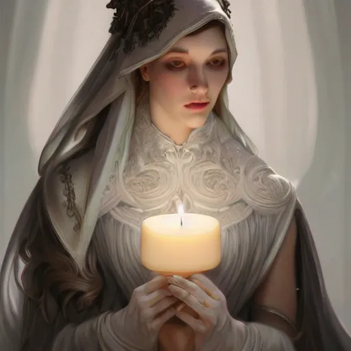 Image similar to a photograpic portrait of a anthropomorphic lit candle wearing white clothes, fantasy, intricate, elegant, highly detailed, digital painting, artstation, concept art, smooth, sharp focus, illustration, art by artgerm and H R Giger and alphonse mucha