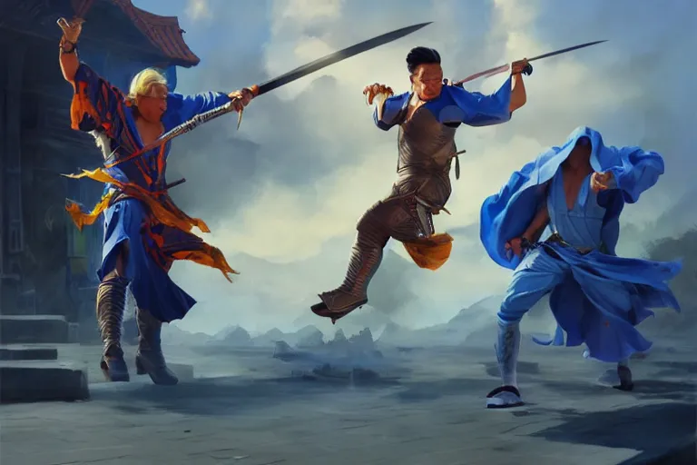 Prompt: a filipino man with a sword charging at a blond man in a blue suit with a sword, organic painting, sunny day, matte painting, bold shapes, hard edges, street art, trending on artstation, by huang guangjian, gil elvgren, ruan jia, randy vargas, greg rutkowski