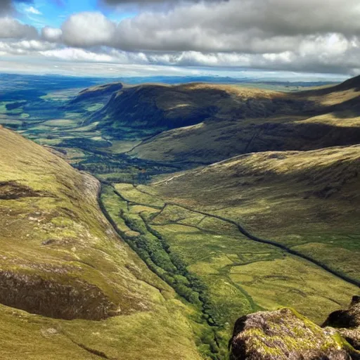 Image similar to view from the top of a scottish mountain towards a lush valley