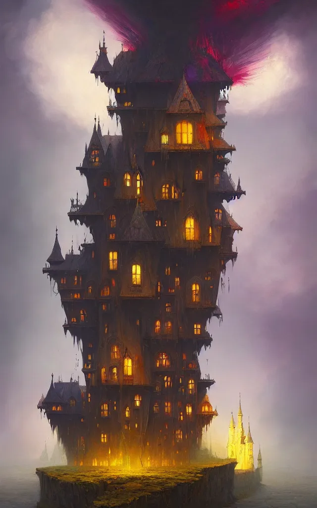 Image similar to a beautiful dark vintage abstract castle by Raja Ravi Varma and Gediminas Pranckevicius, trending on ArtStation, by Sam Spratt, explosion of colors, white spirit