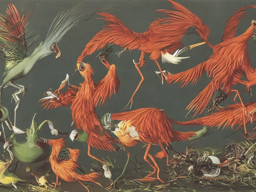 Prompt: Splendid, exotic, mutant, alien bird in a mating ritual. Joy of life. Painting by Walton Ford