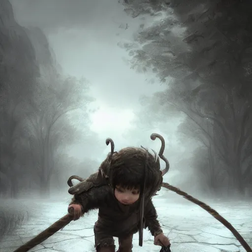 Prompt: a child dragging a demon by its horns, photorealism, elegant, highly detailed, digital painting, concept art, smooth, sharp focus, art style from Greg Rutkowski and Bruce Kaiser and Scott Robertson and Dmitry Mazurkevich and Doruk Erdem and Jon Sibal, 8k, unreal engine, octane render