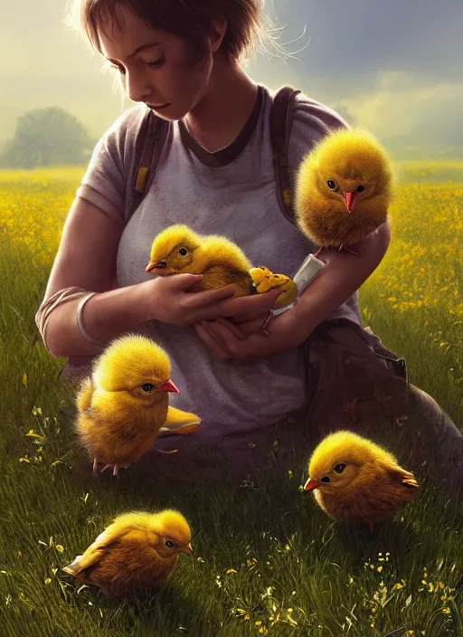 Image similar to a hen and her two cute small yellow chicks on a meadow, mama movie poster by nuri iyem, james gurney, james jean, greg rutkowski, anato finnstark. pixar. hyper detailed, 5 0 mm, award winning photography,