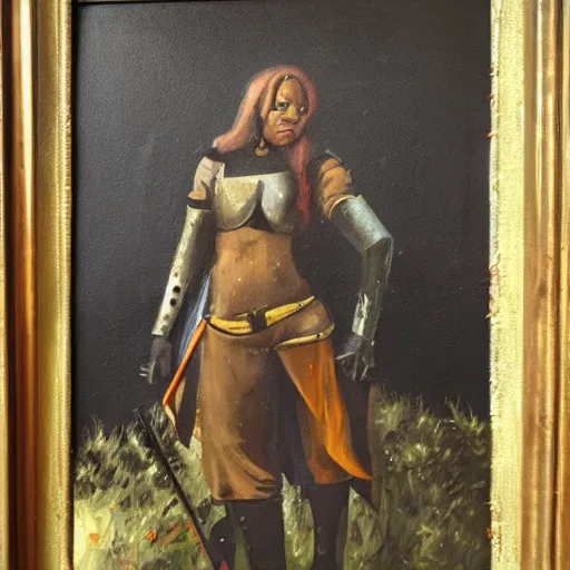 Image similar to black medieval hunter woman, expressive painting