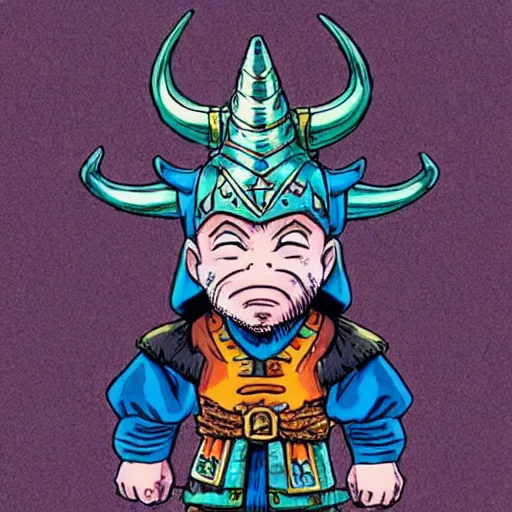 Prompt: “dnd dwarf with horned helmet, by akira toriyama, full of colors”