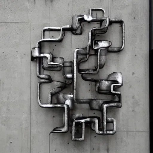 Prompt: liquid forms in metal abstract sculpture cyberpunk on concrete