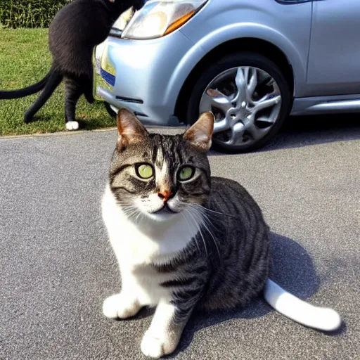 Prompt: a cat that is gigantic and sitting right next to a car outside of a house