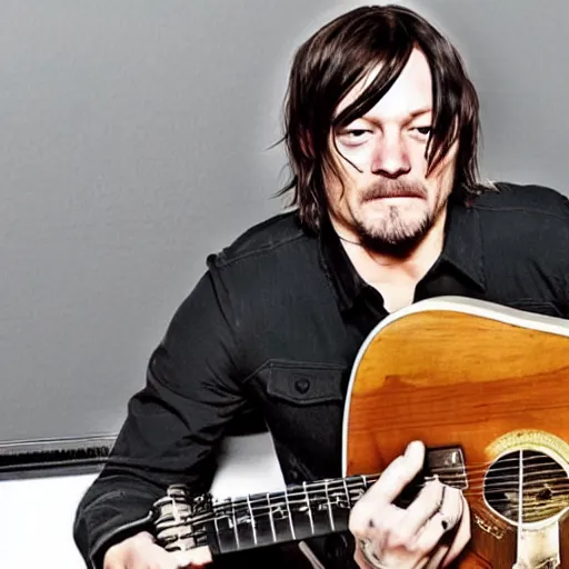 Image similar to norman reedus playing the guitar saying uhhh what wait what huh pham sandwich