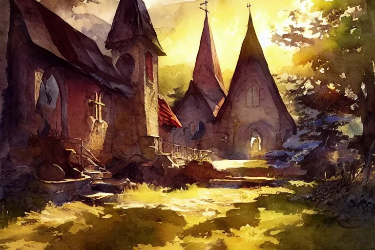 Image similar to small centered on watercolor paper, paint brush strokes, abstract watercolor painting of traditional wooden church tower, viking dragon decor, translucent leaves, cinematic light, national romanticism by hans dahl, by jesper ejsing, by anders zorn, by greg rutkowski, by greg manchess, by tyler edlin