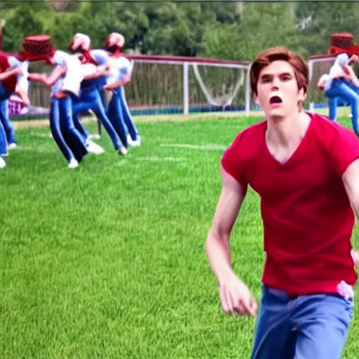 Image similar to Live Action Still of Jerma in High School Musical, real life, hyperrealistic, ultra realistic, realistic, highly detailed, epic, HD quality, 8k resolution, body and headshot, film still