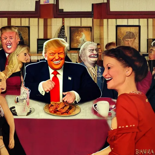 Image similar to smiling trump meets with laughing slaanesh at a diner, style of norman rockwell, 8 k, ultra detailed, photograph, rule of thirds.