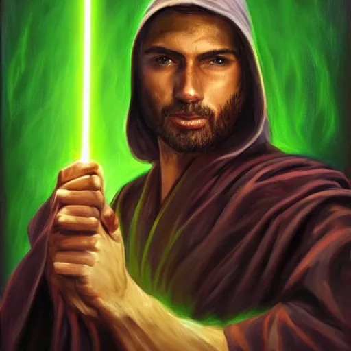 Image similar to A man in robes wielding a green laser sword painting, portrait, trending on artstation