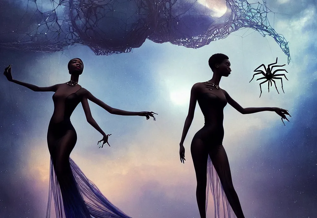 Prompt: realistic detailed portrait movie shot of a single beautiful black woman in a transparent sheer fabric dress dancing with a giant spider, futuristic sci fi landscape background by denis villeneuve, monia merlo, yves tanguy, ernst haeckel, alphonse mucha, max ernst, caravaggio, roger dean, sci fi necklace, masterpiece, dreamy, rich moody colours