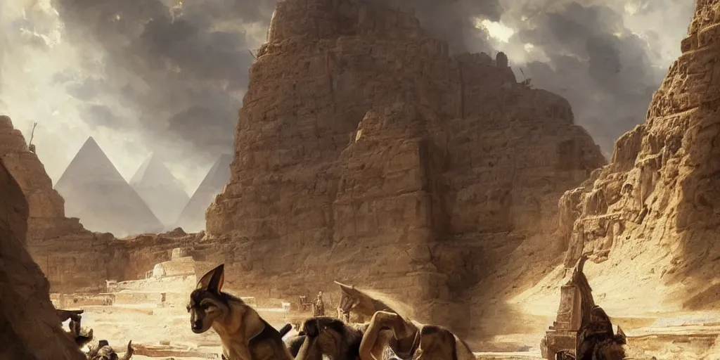 Image similar to beautiful landscape oil matte painting, of ancient egyptian giant satue of anubis, art by anders zorn, wonderful masterpiece by greg rutkowski, beautiful cinematic light, american romanticism, by thomas lawrence, greg rutkowski