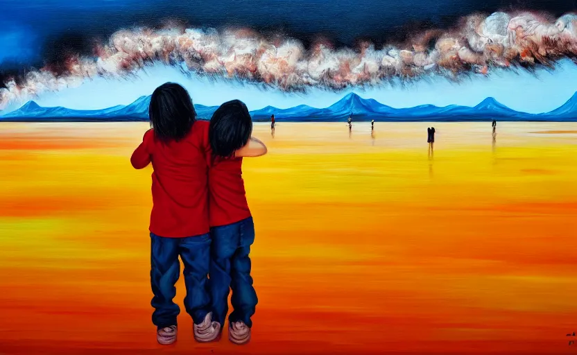 Image similar to two children hugging in the far distance as a giant tsunami approaches, sad, doomsday, end of the world, abstract art, oil painting