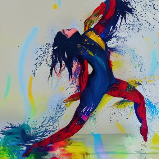 Image similar to a dynamically posed figure rendered in an expressive and stylized fashion showing movement with paint splashes