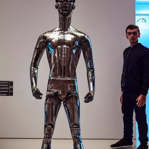 Image similar to “ a realistic detailed photo of a guy who is an attractive humanoid who is half robot and half humanoid, who is a male android, soccer player antoine griezmann, shiny skin, posing like a statue, blank stare, at the museum, on display ”