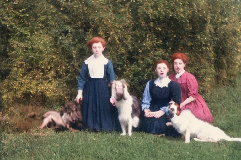 Prompt: autochrome photograph, family photo, anne of the green gables with her elder step parents, and a border collie sitted aside.