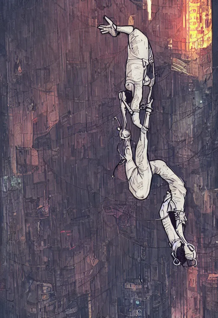 Image similar to the hanged man tarot card in a cyberpunk style