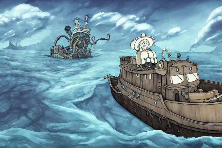 Image similar to cell shaded cartoon of a giant lovecraftian mechanized grey seal from howl's moving castle ( 2 0 0 4 ), in an icy river, full body, wide shot, very muted colors, post grunge, studio ghibli, highly detailed, deviantart, art by artgem