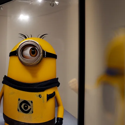 Prompt: photograph of a dry, taxidermied, ancient minion on display in a museum
