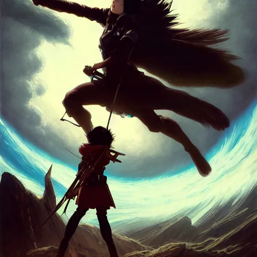 Prompt: highly detailed painting of mikasa ackerman fighting a looming titan, dramatic, sense of scale, stephen bliss, unreal engine, greg rutkowski, ilya kuvshinov, ross draws, hyung tae and frank frazetta, tom bagshaw, tom whalen, nicoletta ceccoli, mark ryden, earl norem, global illumination, god rays, windswept