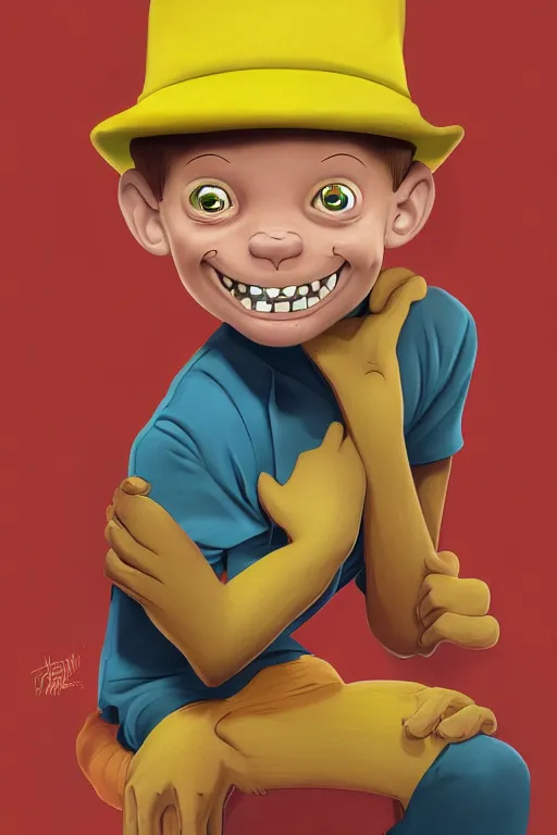 Image similar to the man in the yellow hat in curious george, full body, big two toned eyes, teeth gritted, horror, intricate details, cinematic, epic, realistic, anatomy, tomer hanuka, uplight, artstation, photorealistic, scary