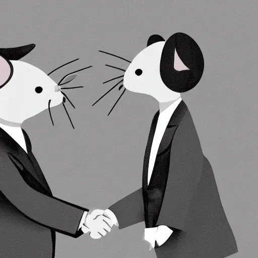 Prompt: an illustration of a mouse and a rabbit in suits shaking hands