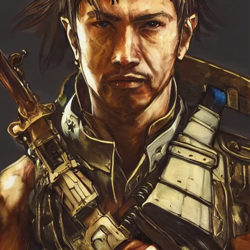 Prompt: portrait of a hero holding his sword in front of his face by yoji shinkawa, high quality, extra details, realism, ornate, colored, golden chain, blood, white skin, short hair, brown eyes, vivid, sunlight, dynamic, american man, military, futuristic freedom, white american soldier, painting