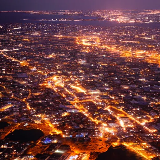 Prompt: satellite view of dar es salaam at night, pink lighting