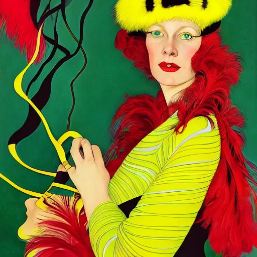 Image similar to art by joshua middleton, a medium shot portrait of the golden creeper, a tall manically smiling yellow - skinned woman with green and black striped cycling shorts and wearing a long red and black striped ostrich feather boa, yellow makeup, mucha, kandinsky, poster, art deco motifs, comic art, stylised design, scarlet feather boa