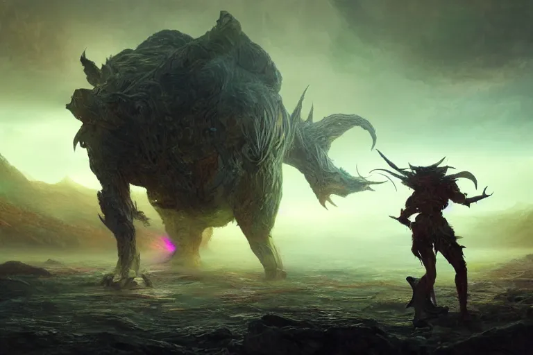 Image similar to ultra realist soft painting of desperate warriors facing a single innomable gigantic creature, very intricate details, deep fog, golden ratio, volumetric rainbow lighting, reflections, refractions, symmetry accurate anatomy features, omnious background, unreal render