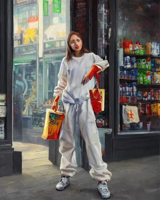 Prompt: a ultradetailed beautiful panting of a stylish woman standing next to a convenience store, she is wearing streetwear, highly detailed face, oil painting, half body painting, by ruan jia