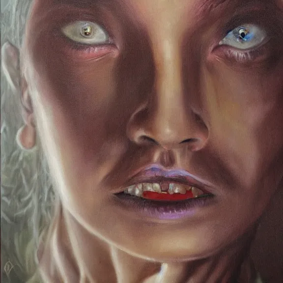 Image similar to female zerg, full face and body, dark oil painting, hyperrealism