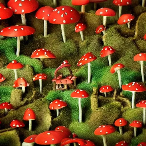 Prompt: beautiful dystopian deserted overgrown city anthropomorphic red mushroom tiny village