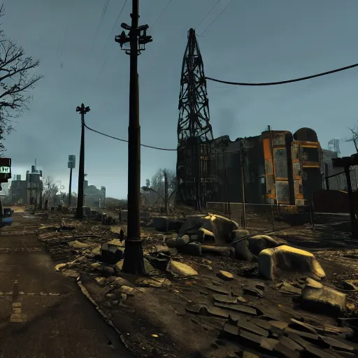 Prompt: Dublin in ruins post-nuclear war in Fallout 4, in game screenshot