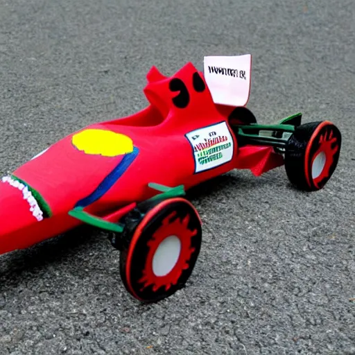 Image similar to a formula 1 racecar, made out of watermelon carving pieces,