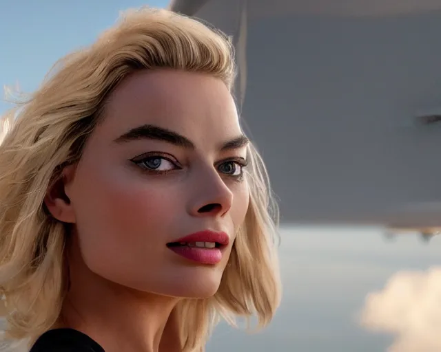 Image similar to margot robbie jumping off a helicopter, in mid air, hyper realistic faces, beautiful eyes, cinematic, long shot, hyper detailed, 8 5 mm photograph, 8 k resolution, film still, sharp lens, wide lens