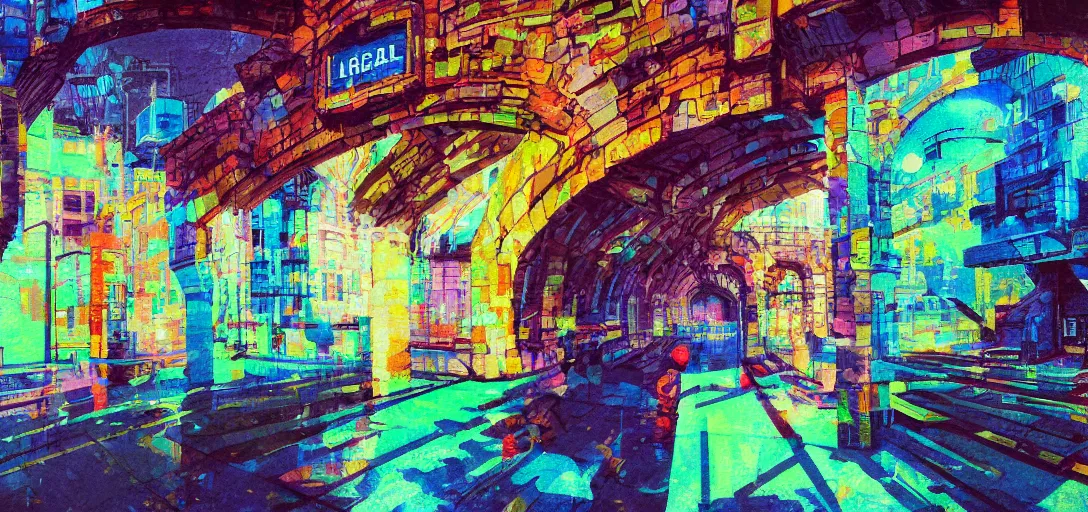 Image similar to glitchy, glitch art, Chromatic aberration, Leeds Briggate, oil painting, studio ghibli