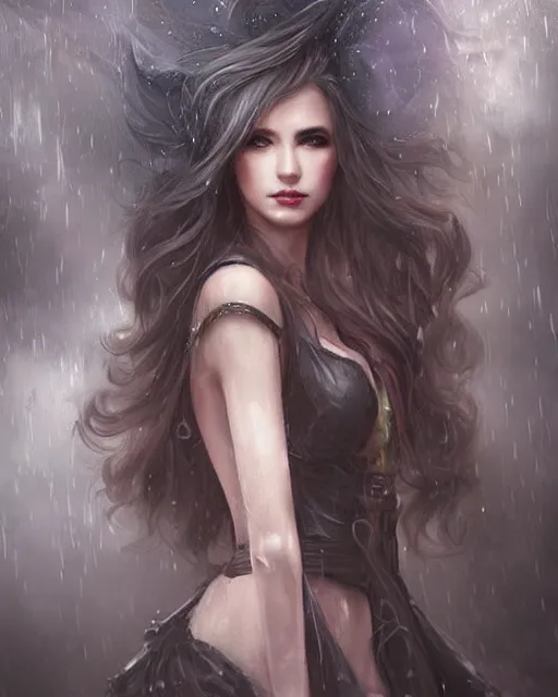 Image similar to a beautiful female, 8 k, hyperrealistic, hyperdetailed, modern clothes full length body, dark fantasy, dark street walking, rain, fantasy portrait by laura sava