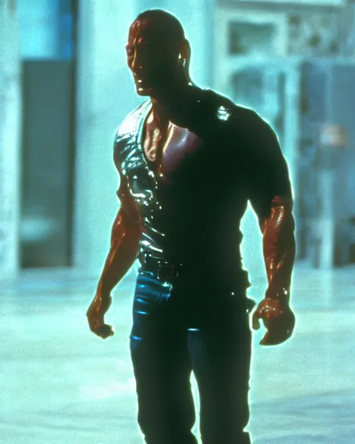 Prompt: Film still close-up shot of Dwayne Johnson as the T-1000 from the movie Terminator 2. Photographic, photography