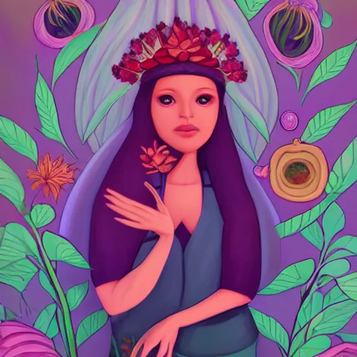 Prompt: goddess of plant medicine, and art by lois van baarle highly detailed painting trending on arstation vivid colors cannabis _ c 5. 0