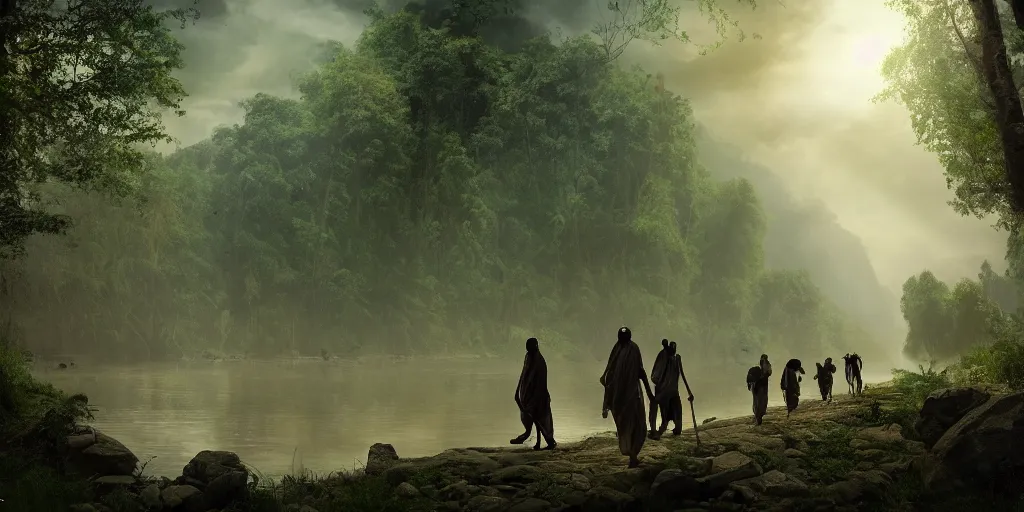 Prompt: muslim adventurers walking along the river bank in a kerala forest, an epic fantasy, dramatic lighting, cinematic, extremely high detail, photorealistic, cinematic lighting, matte painting, artstation, by Christopher Nolan, horizon forbidden west