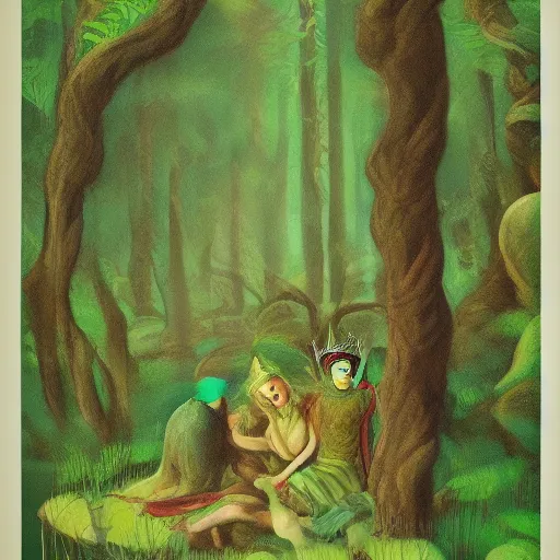 Image similar to vintage travel poster for a fantasy forest, elves are the main focus, green tones, printed